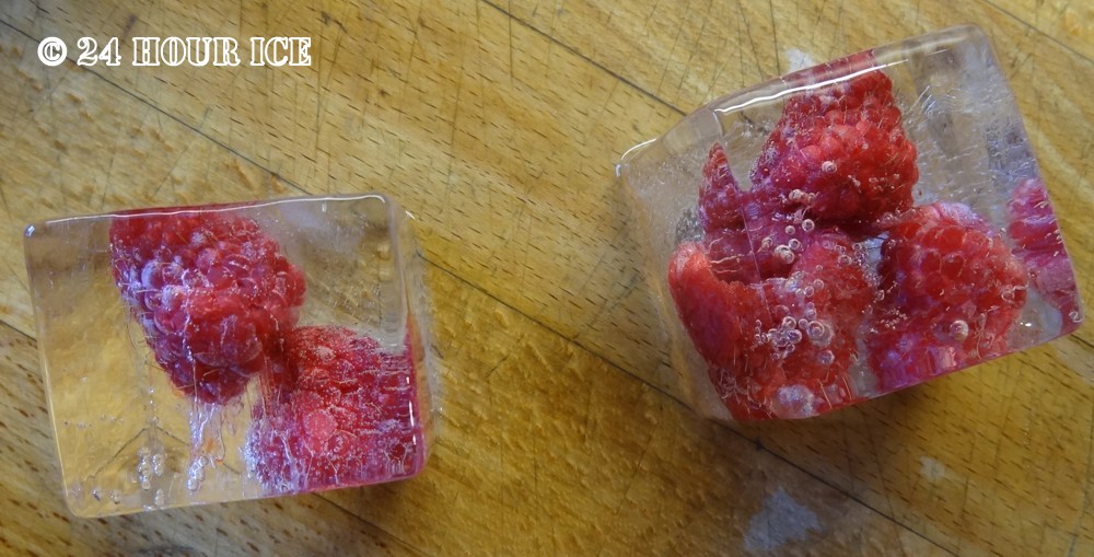 Soft fruit frozen in ice.